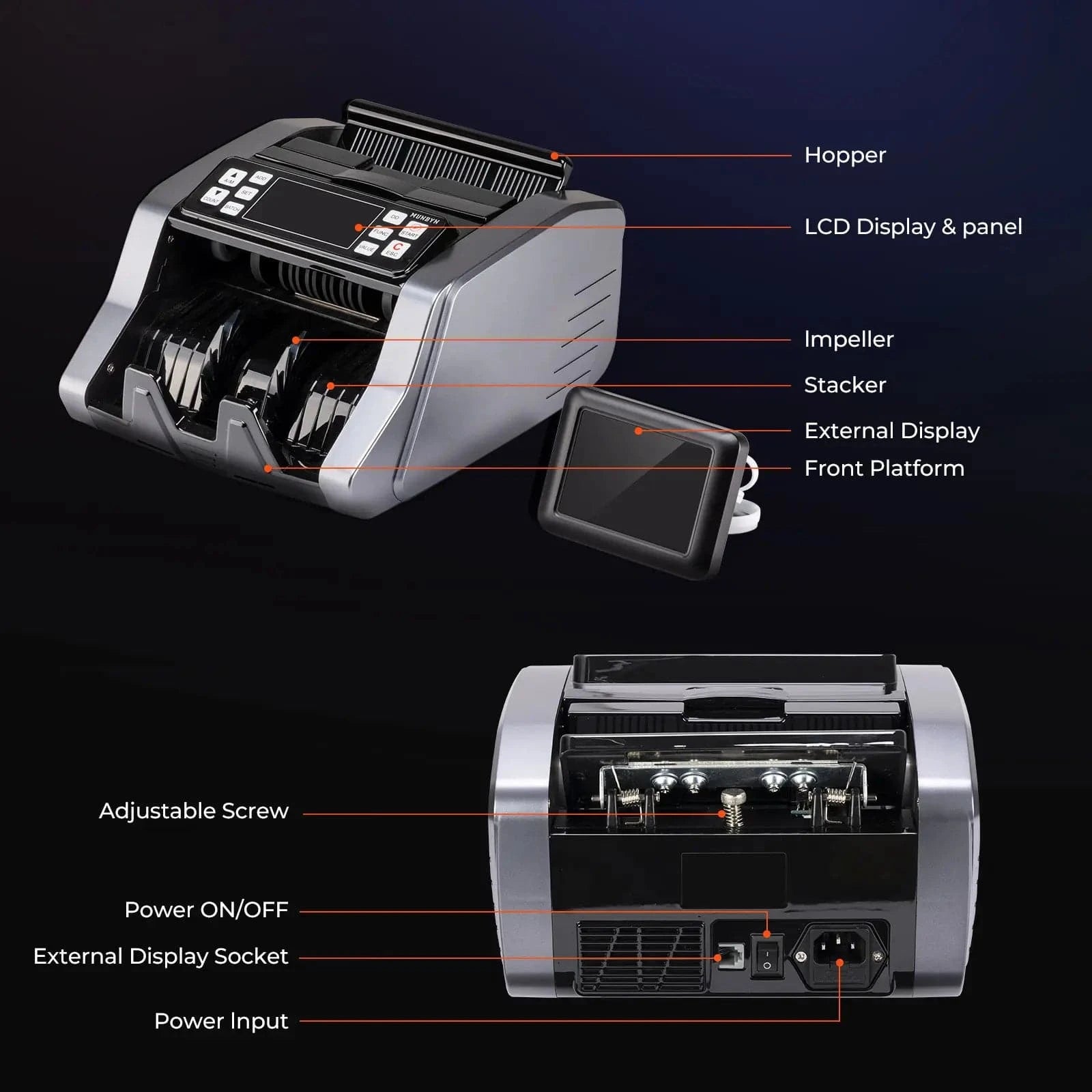 MUNBYN IMC20 money counter machine counting bills with digital display