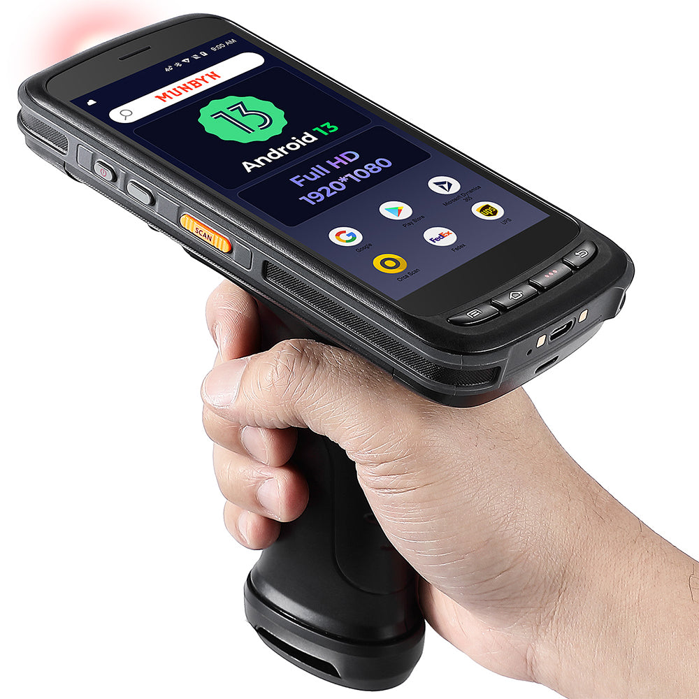 MUNBYN IPDA087P Android barcode scanner with 2D black design, capturing barcode details in a retail or warehouse setting.
