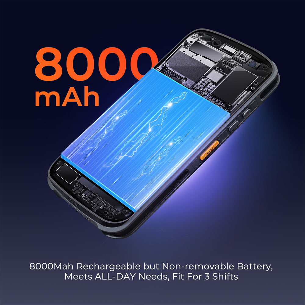 MUNBYN IPDA087P Android barcode scanner with 2D barcode reading in black, designed for retail and inventory management.