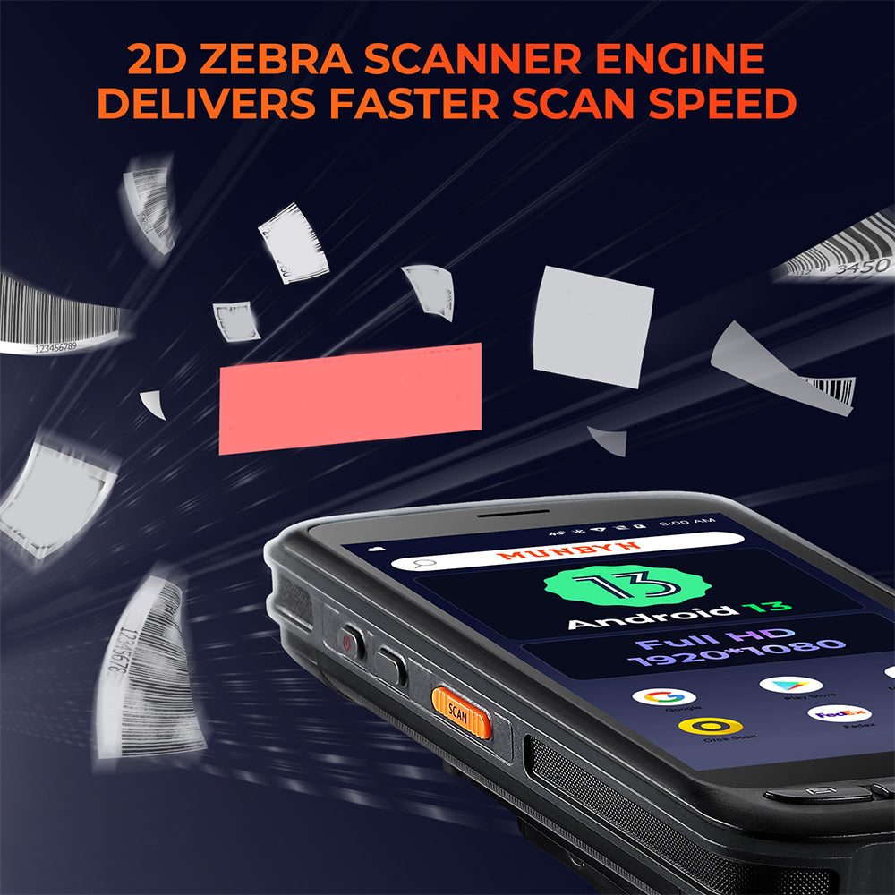 MUNBYN IPDA087P Android barcode scanner with 2D barcode reading in black, designed for efficient scanning in various settings.