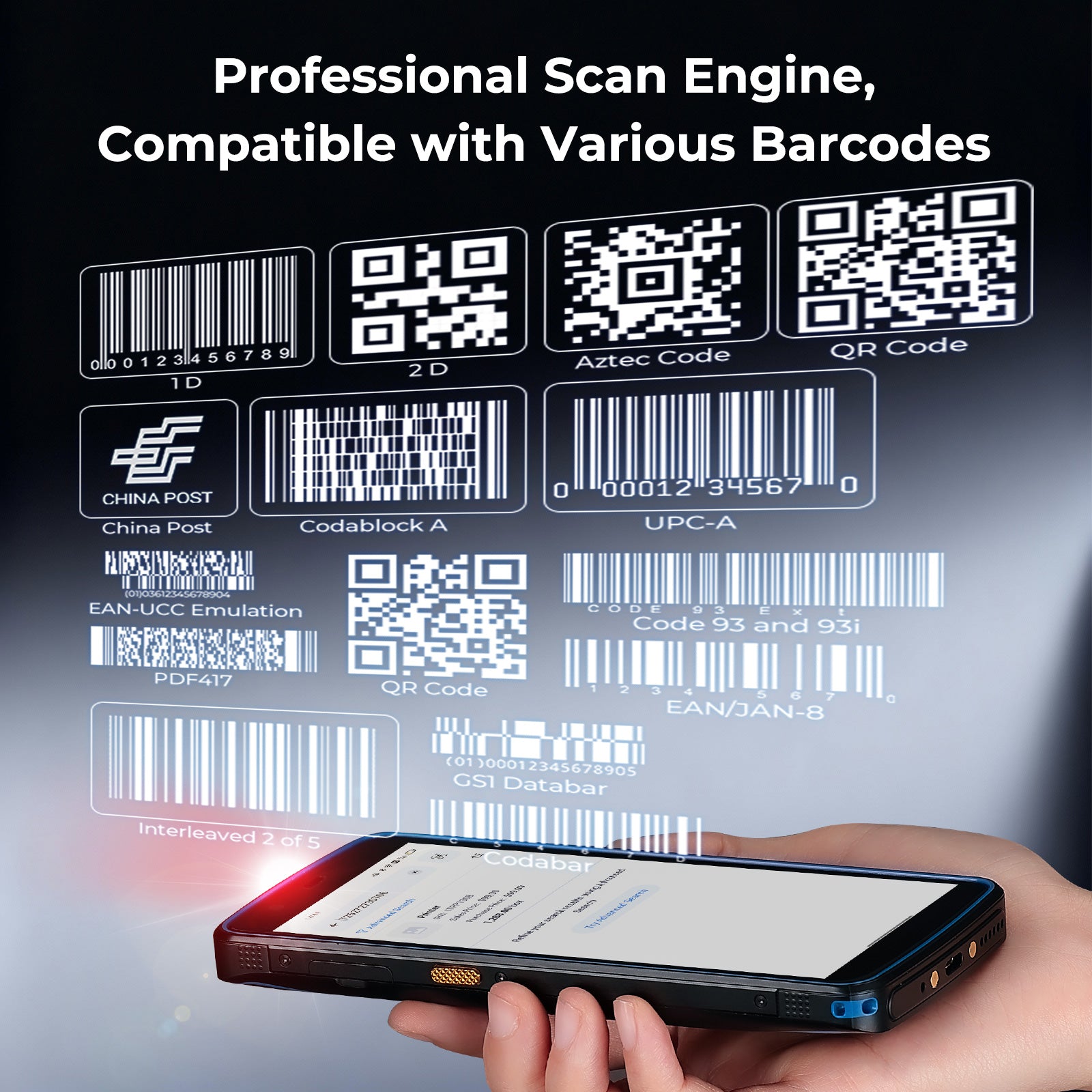 MUNBYN IPDA089Pro barcode scanner capturing barcode data with a sleek handheld design.