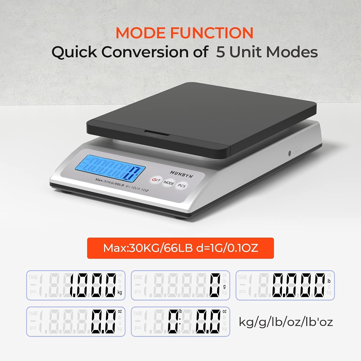 Black MUNBYN IPS01 postal scale used as a label printer accessory, showing digital display and compact design.