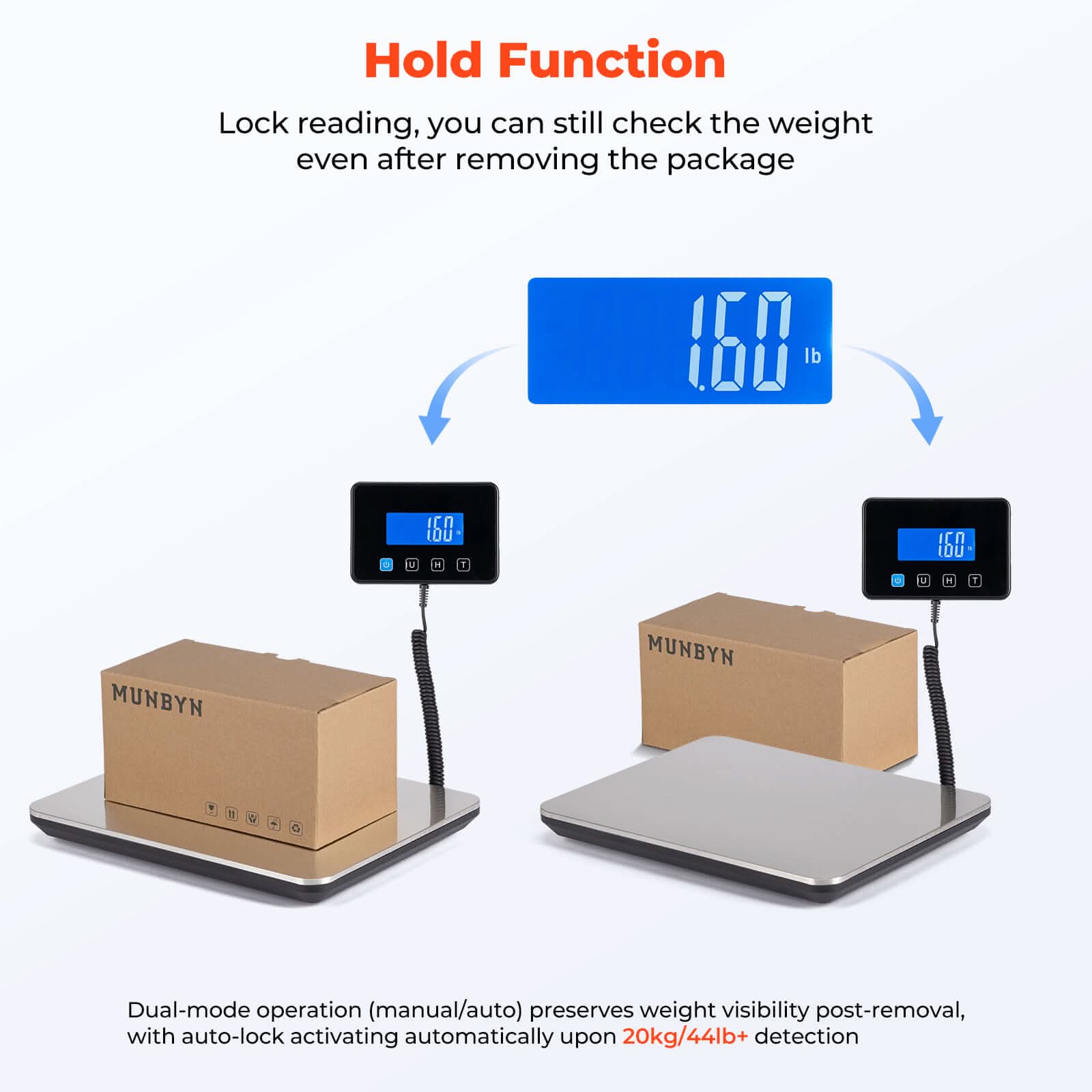 MUNBYN IPS03 shipping scale displaying weight measurement on digital screen, used for accurate parcel weighing.