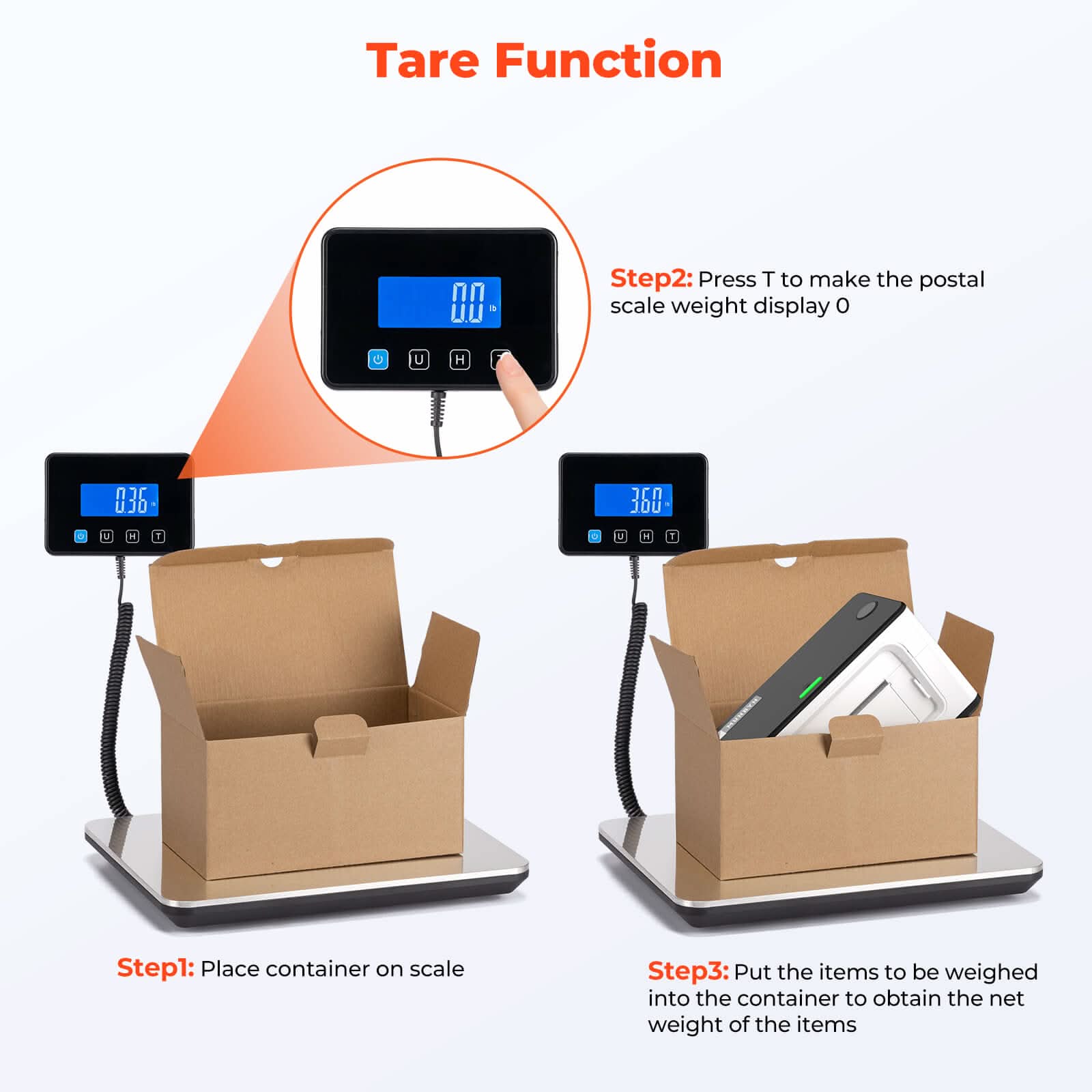 MUNBYN IPS03 shipping scale with digital display and tare function for accurate parcel weight measurement.