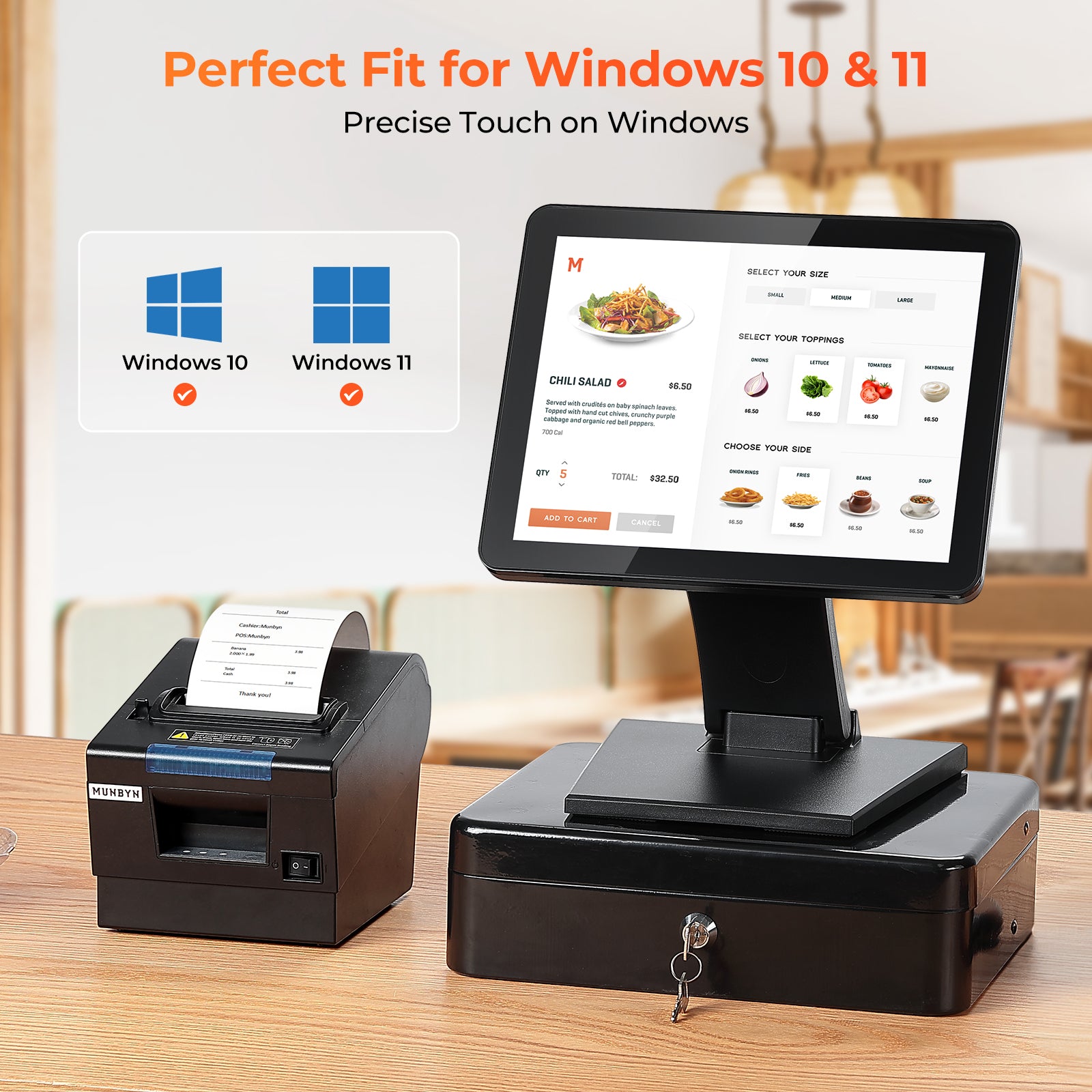 MUNBYN IPTS004 touchscreen POS monitor with sleek black display and adjustable stand for retail or restaurant use