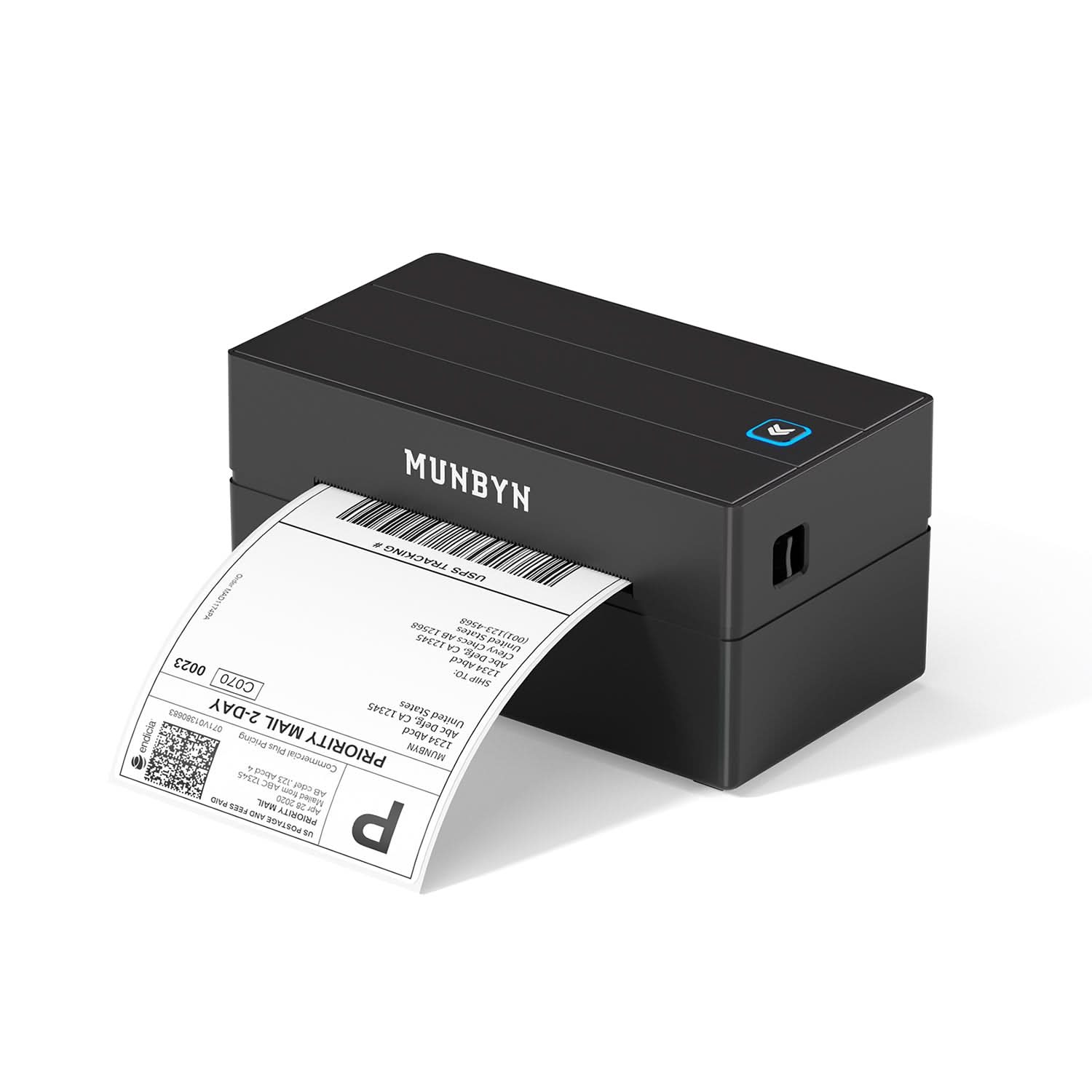 MUNBYN RealWriter 130B thermal label printer with black finish, compact design, and connected for printing shipping labels.