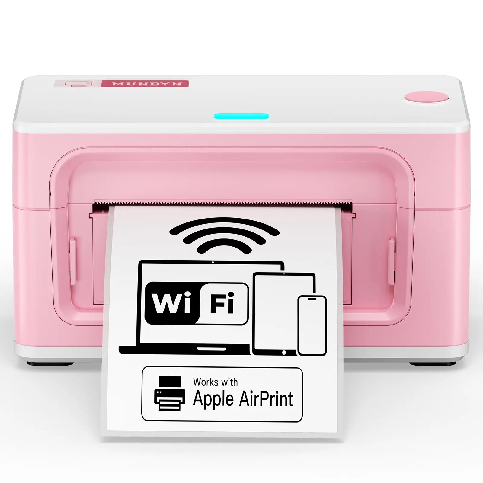 MUNBYN RealWriter 941AP thermal label printer printing labels on a desktop with paper feed tray and control buttons.