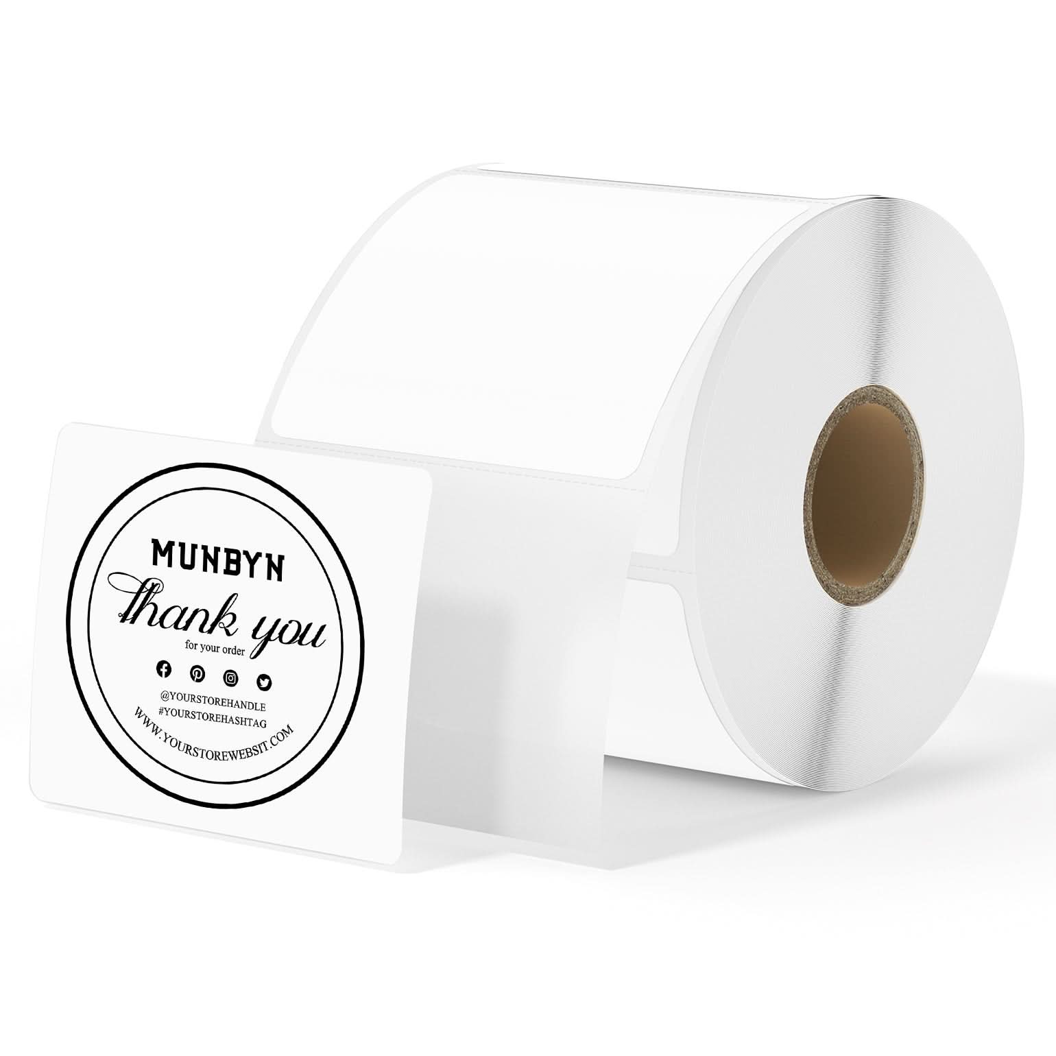 White 3x3 inch square labels printed on MUNBYN label printer paper, showing clean, blank label sheets ready for printing.