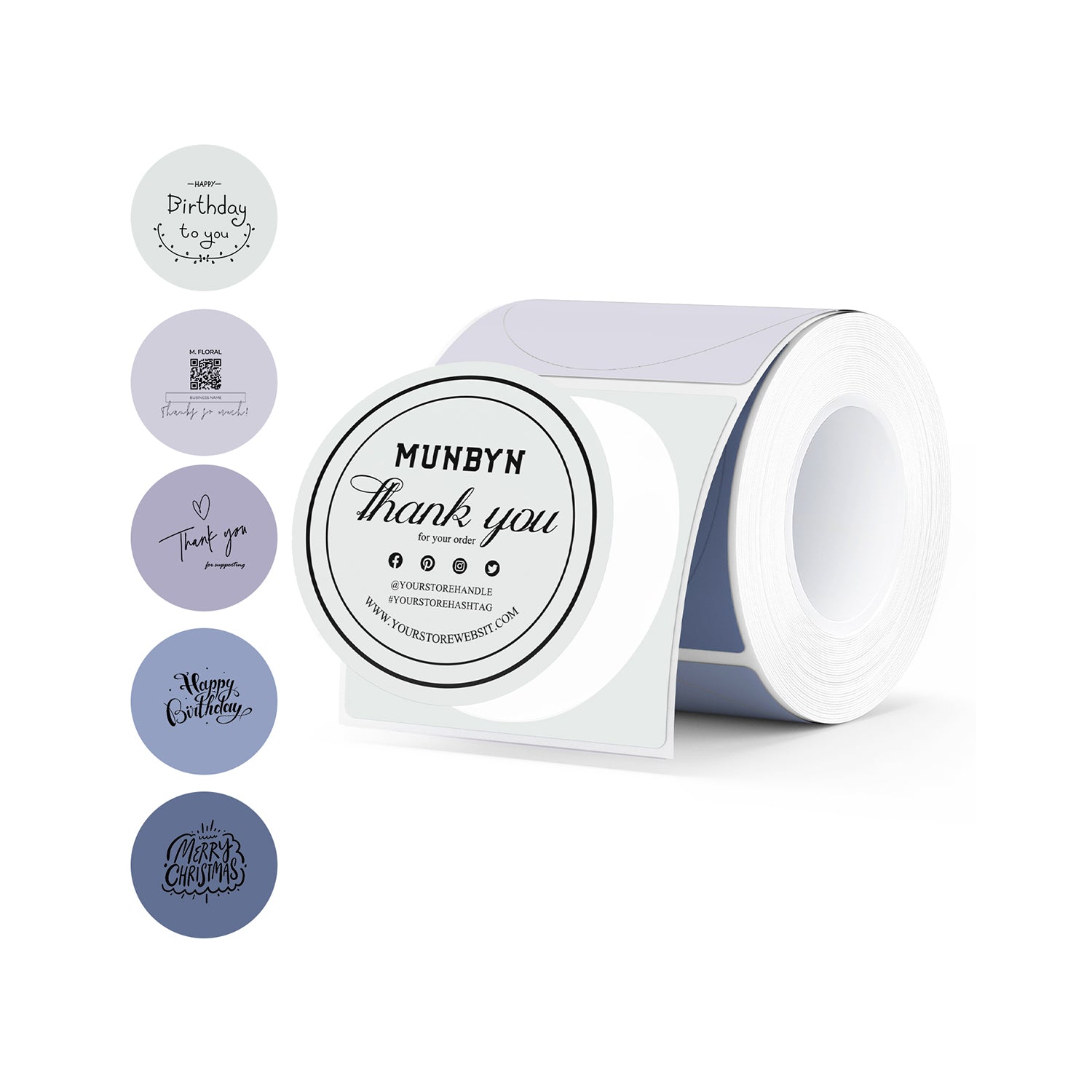 2-inch Morandi-colored label printer paper from MUNBYN, showing colorful, pastel label designs on smooth paper.