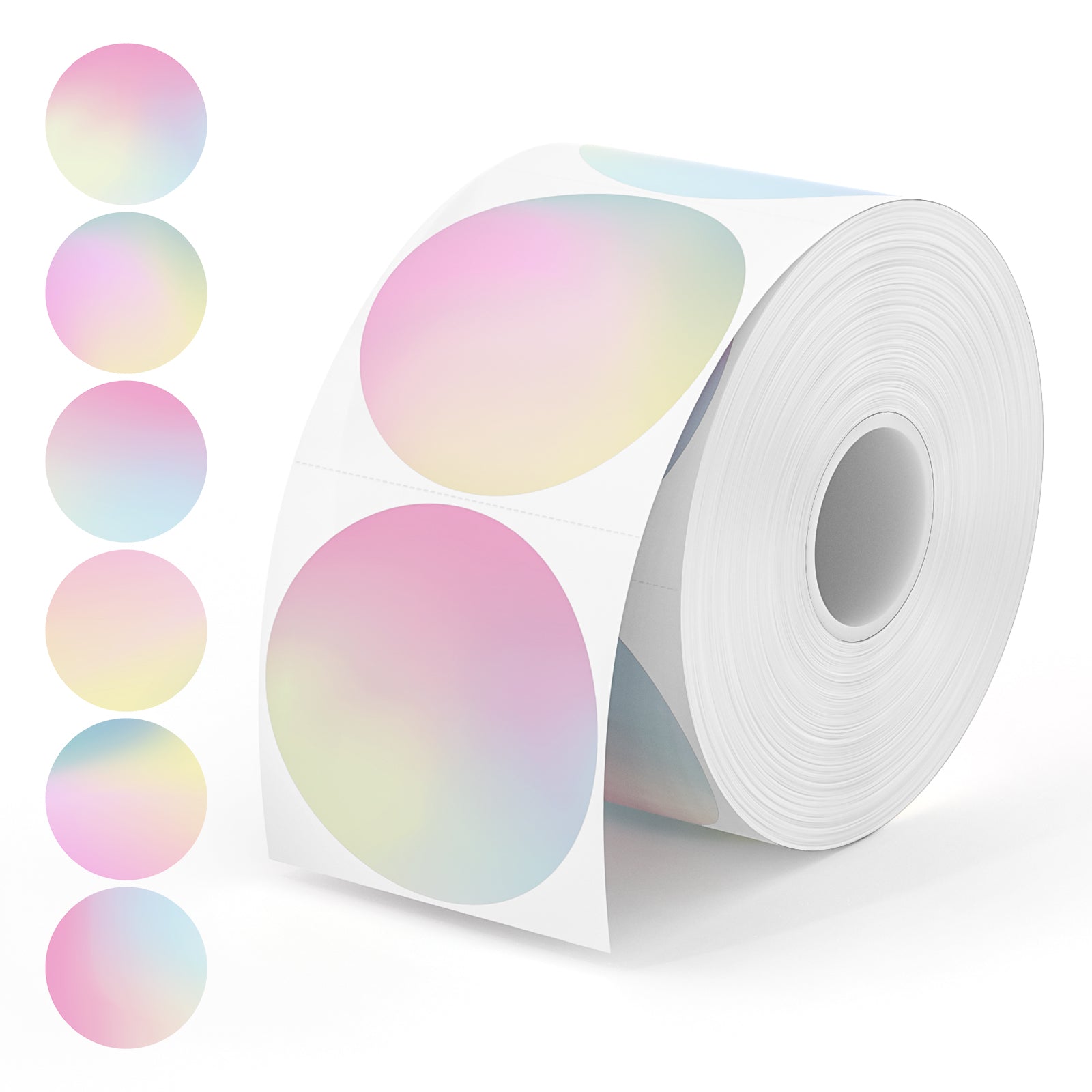 Discover the vibrant touch of MUNBYN's 6-in-1 Colorful Decorative Round Label Roll, combining six lively gradient hues in a single roll.
