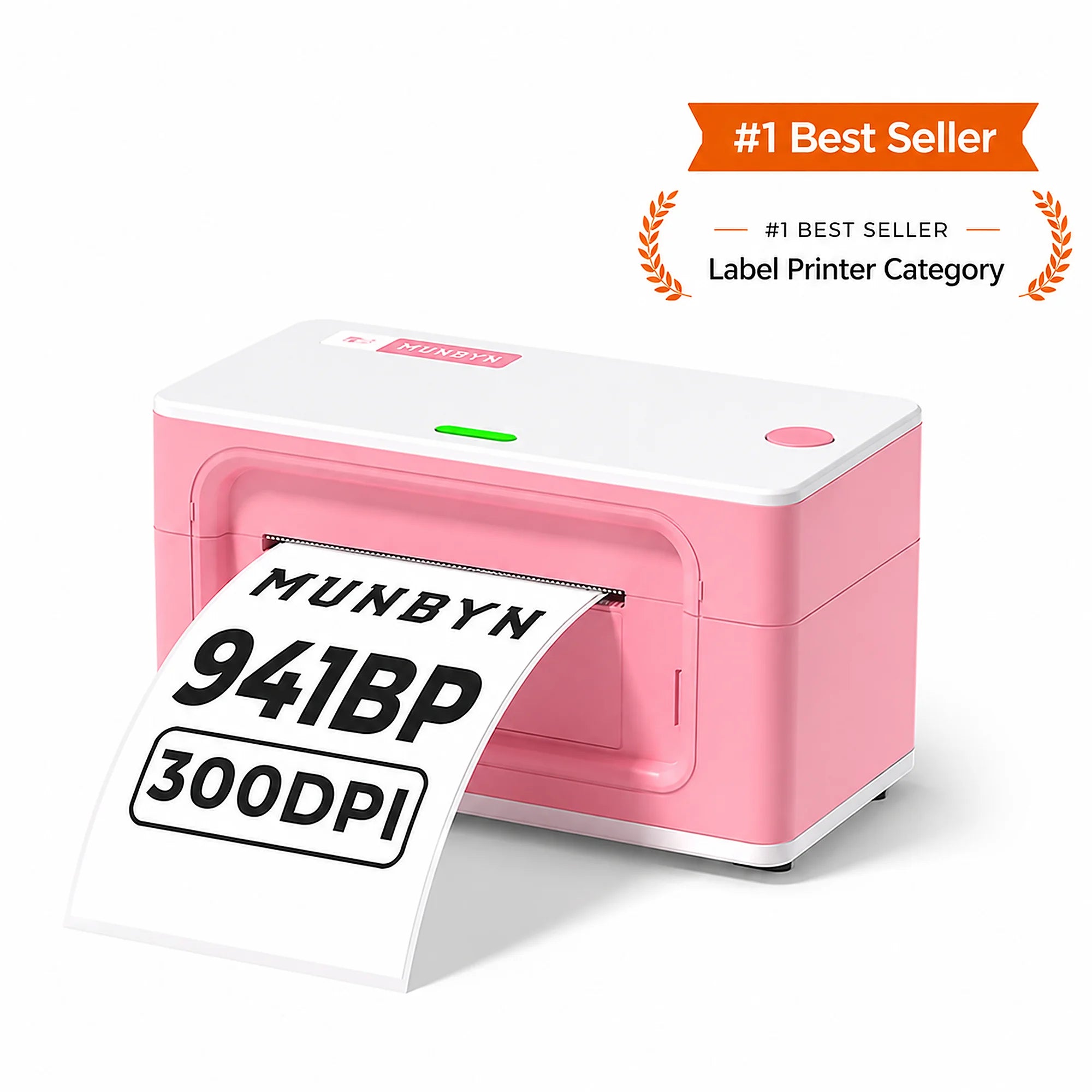 MUNBYN RealWriter 941BP thermal label printer with 300 DPI printing, compact design, and black and pink color for efficient label printing.