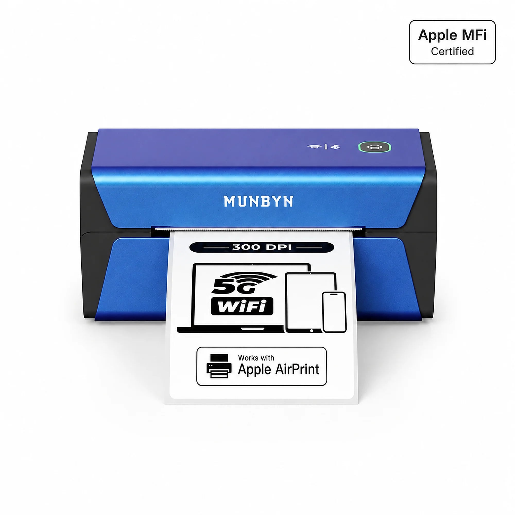 MUNBYN RW401AP AirPrint Label Printer in Blue, 300 DPI High Resolution, Apple MFi Certified, supporting 5G WiFi and Bluetooth connection for shipping labels.