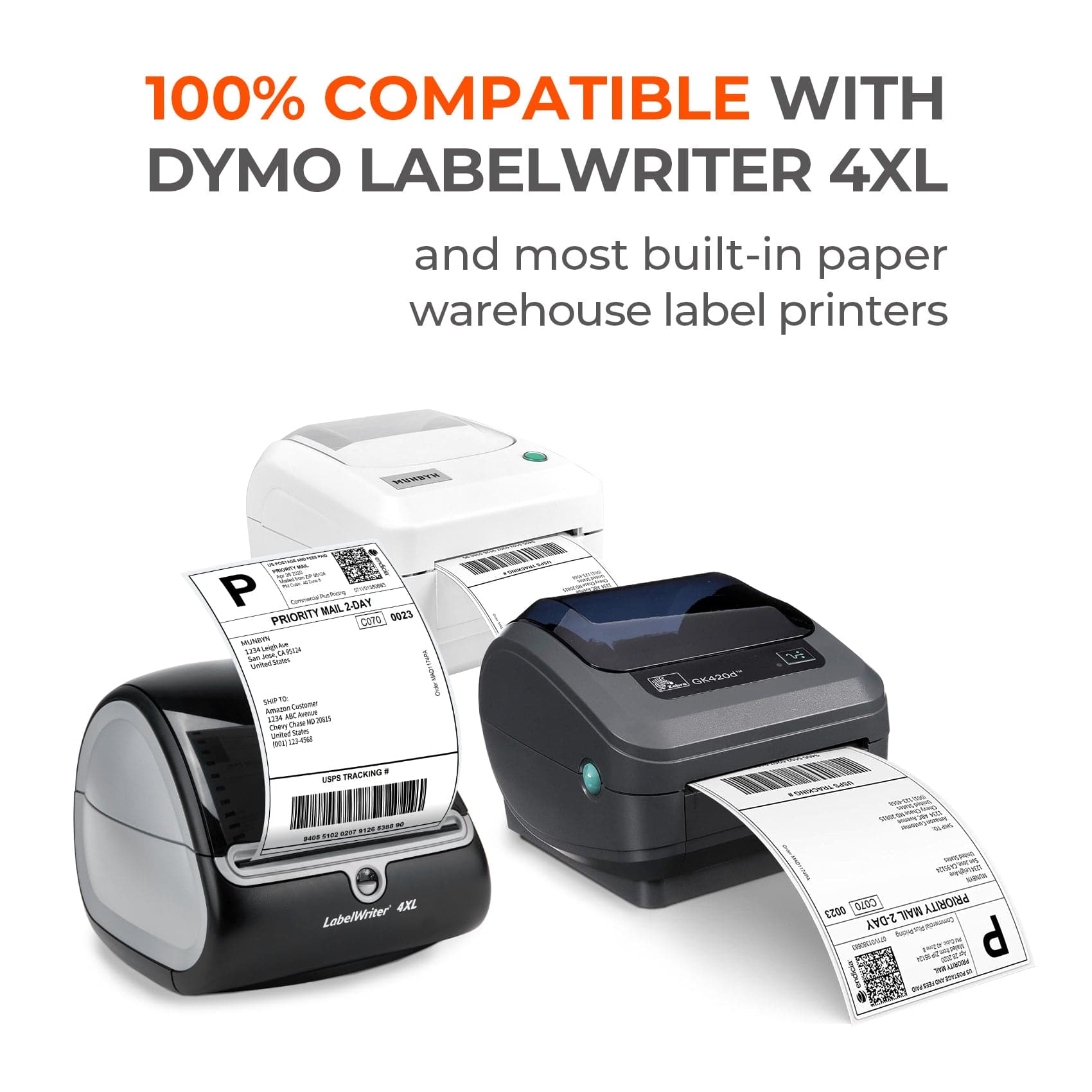 B5 image showing 4x6 inch MUNBYN shipping roll labels on label printer paper for shipping and packaging.