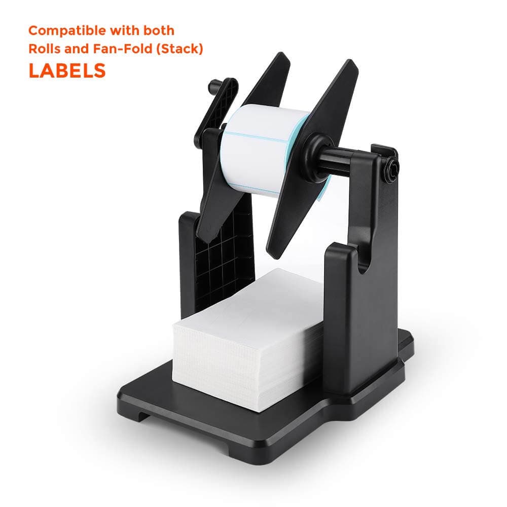 Black MUNBYN 941ST label holder for label printer, accessory with clear plastic holder and mounting options.
