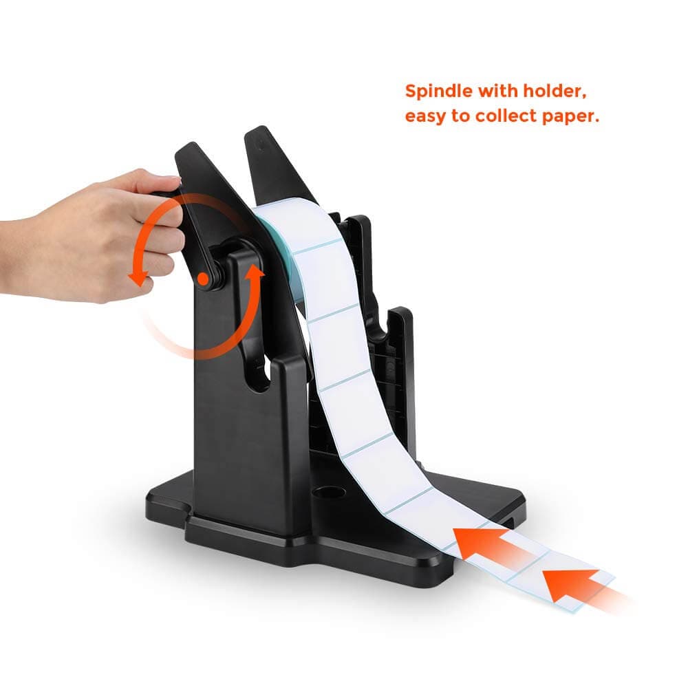Black MUNBYN 941ST label holder for label printer accessories, visible with attached labels and branding.