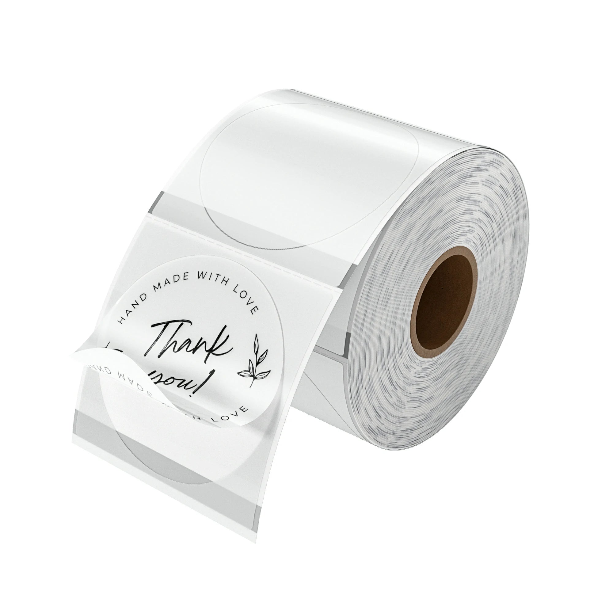 Two-inch clear labels printed on MUNBYN label printer paper, showing transparent adhesive labels in a close-up view.