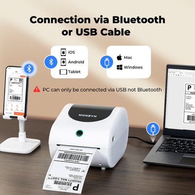 MUNBYN RW411B Bluetooth thermal label printer printing a shipping label on white paper.