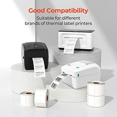 Two rectangular MUNBYN label printer paper sheets measuring 2x1 inches with blank white labels for printing.