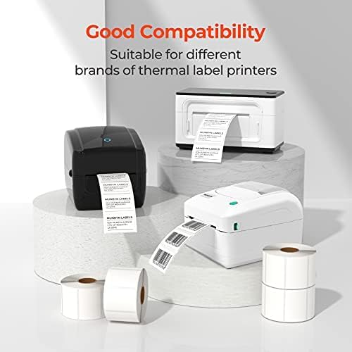 Two rectangular MUNBYN label printer paper sheets measuring 2x1 inches with blank white labels for printing.