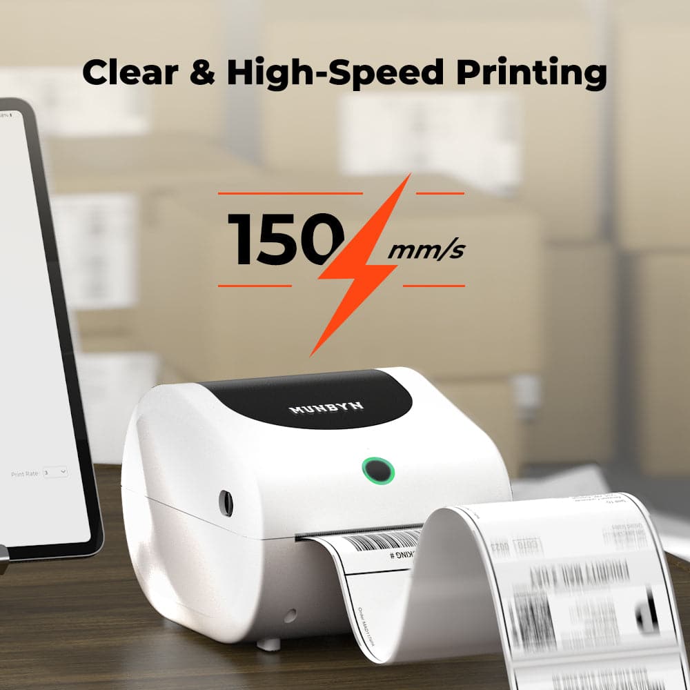 MUNBYN RW411B Bluetooth thermal label printer printing a shipping label on white paper.