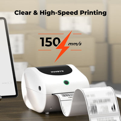 MUNBYN RW411B Bluetooth thermal label printer printing a shipping label on white paper.