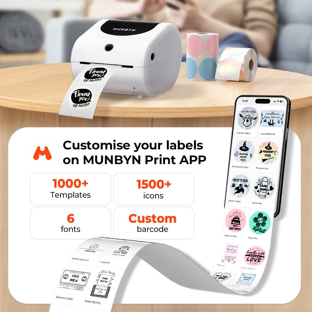 MUNBYN RW411B Bluetooth thermal label printer with paper roll and control buttons, ready for shipping and mailing labels.