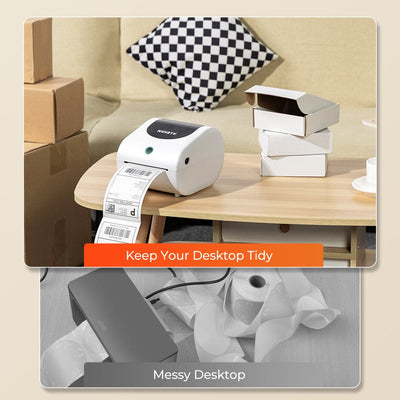 MUNBYN RW411B Bluetooth thermal label printer with paper roll and control buttons on front, used for printing shipping labels.