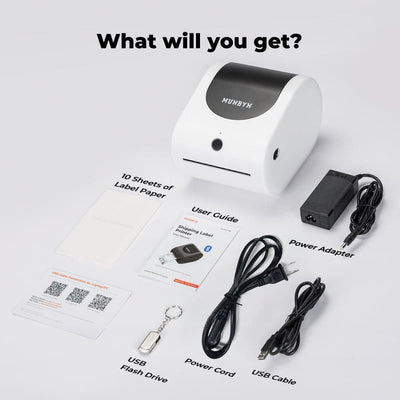 MUNBYN RW411B Bluetooth thermal label printer with black and silver design, connected to a computer for printing labels.