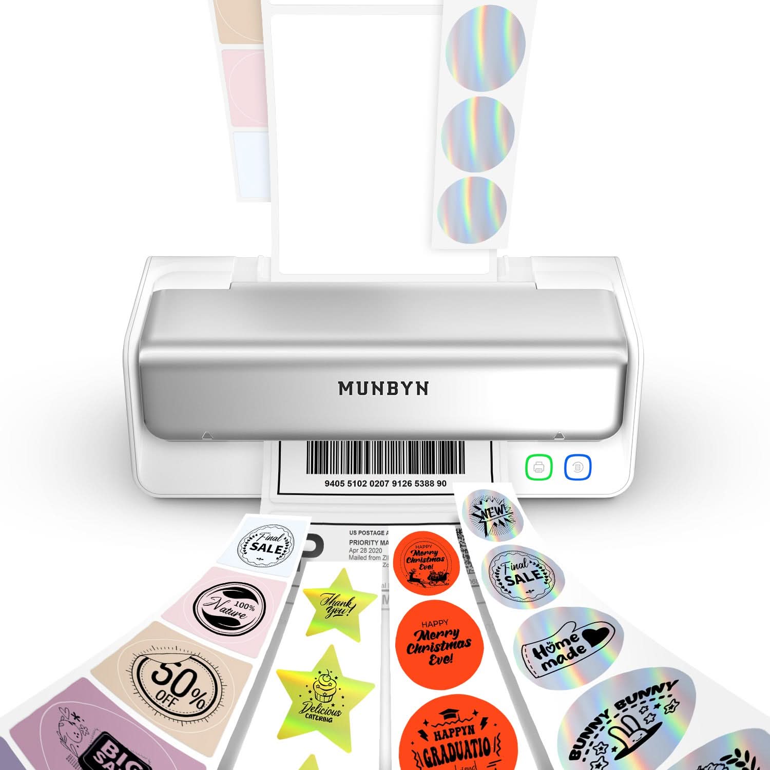 MUNBYN Test RealWriter 405B thermal label printer with paper feed and control buttons, shown on a white surface.