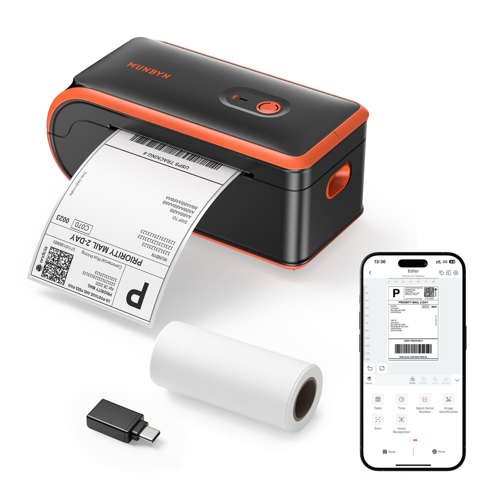 MUNBYN MC240 Bluetooth Thermal Label Printer with Built-in Paper Bin & Battery