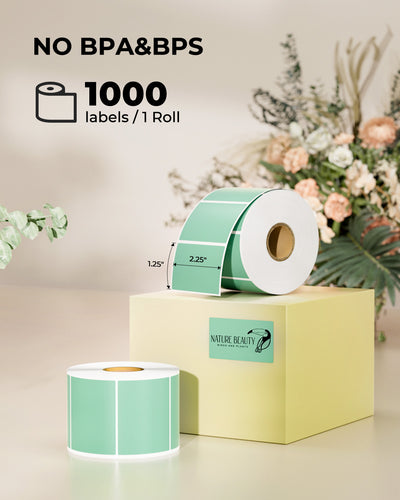 Green rectangular labels printed on MUNBYN label printer paper, measuring 2.25 by 1.25 inches, suitable for various labeling needs.