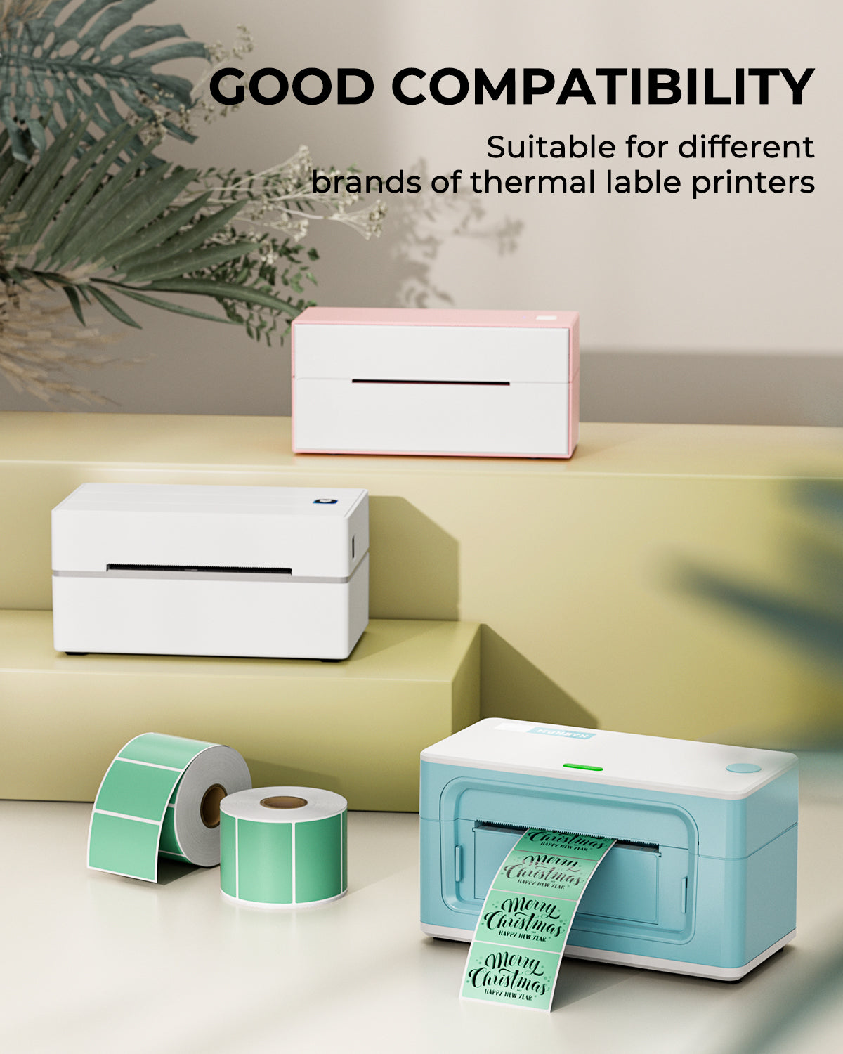 Green rectangular labels printed on MUNBYN label printer paper, measuring 2.25 x 1.25 inches.