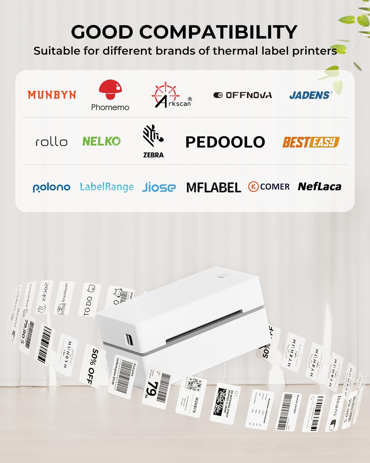 White 2.25 x 1.25-inch rectangle labels printed on MUNBYN label printer paper, showing clean, blank label sheets.