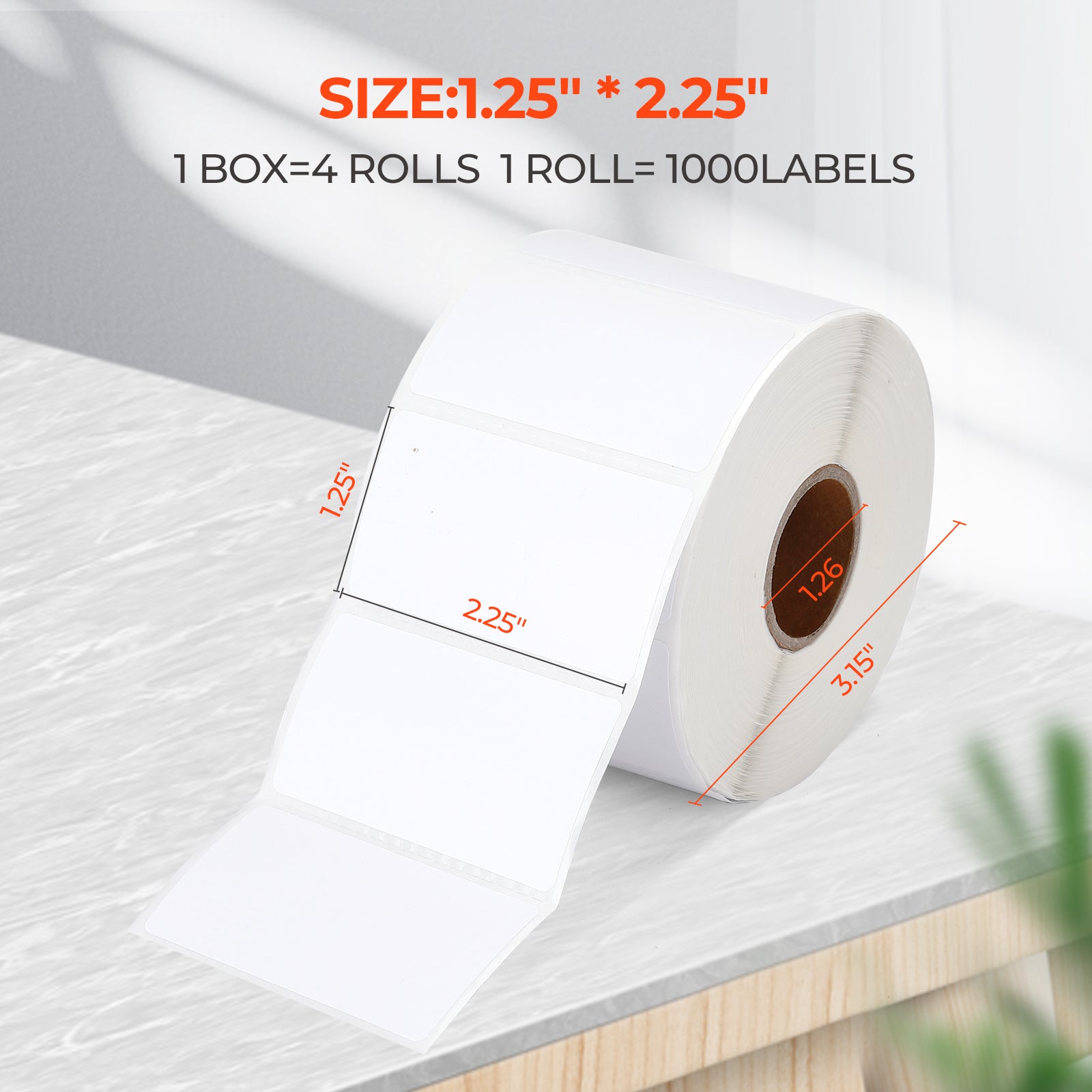 White 2.25 x 1.25-inch rectangle labels printed on MUNBYN label printer paper, shown with multiple labels on backing paper.