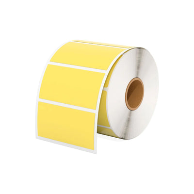 Yellow rectangle labels printed on MUNBYN label printer paper, measuring 2.25 by 1.25 inches, ready for organizing or mailing.