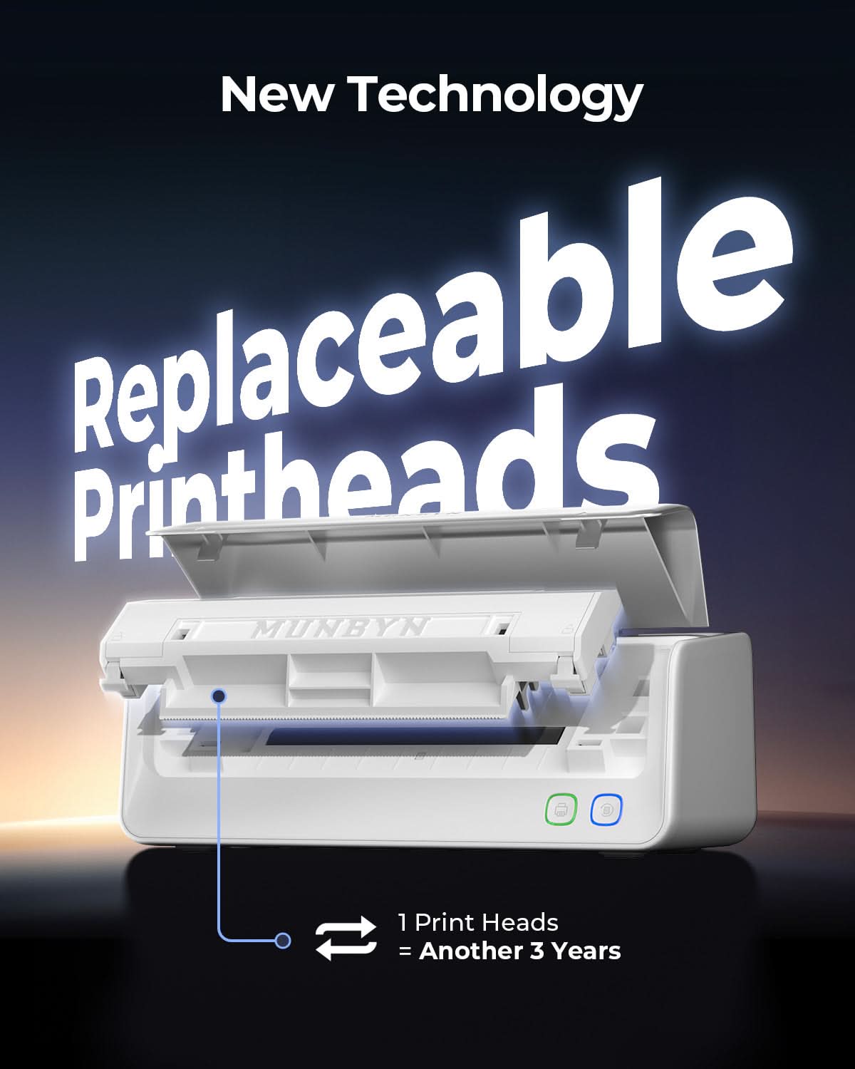 MUNBYN Test RealWriter 405B thermal label printer with paper roll and control panel visible in the image.