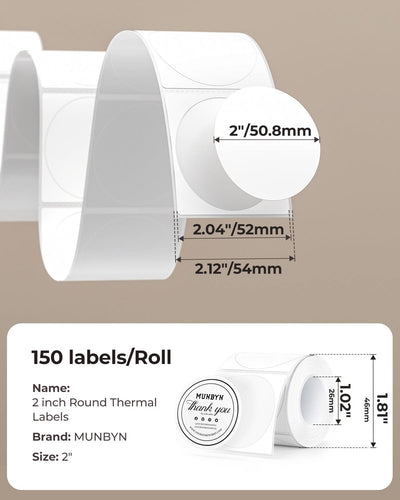 Black and white 2-inch circle labels printed on MUNBYN label printer paper, ready for use in labeling and organization.