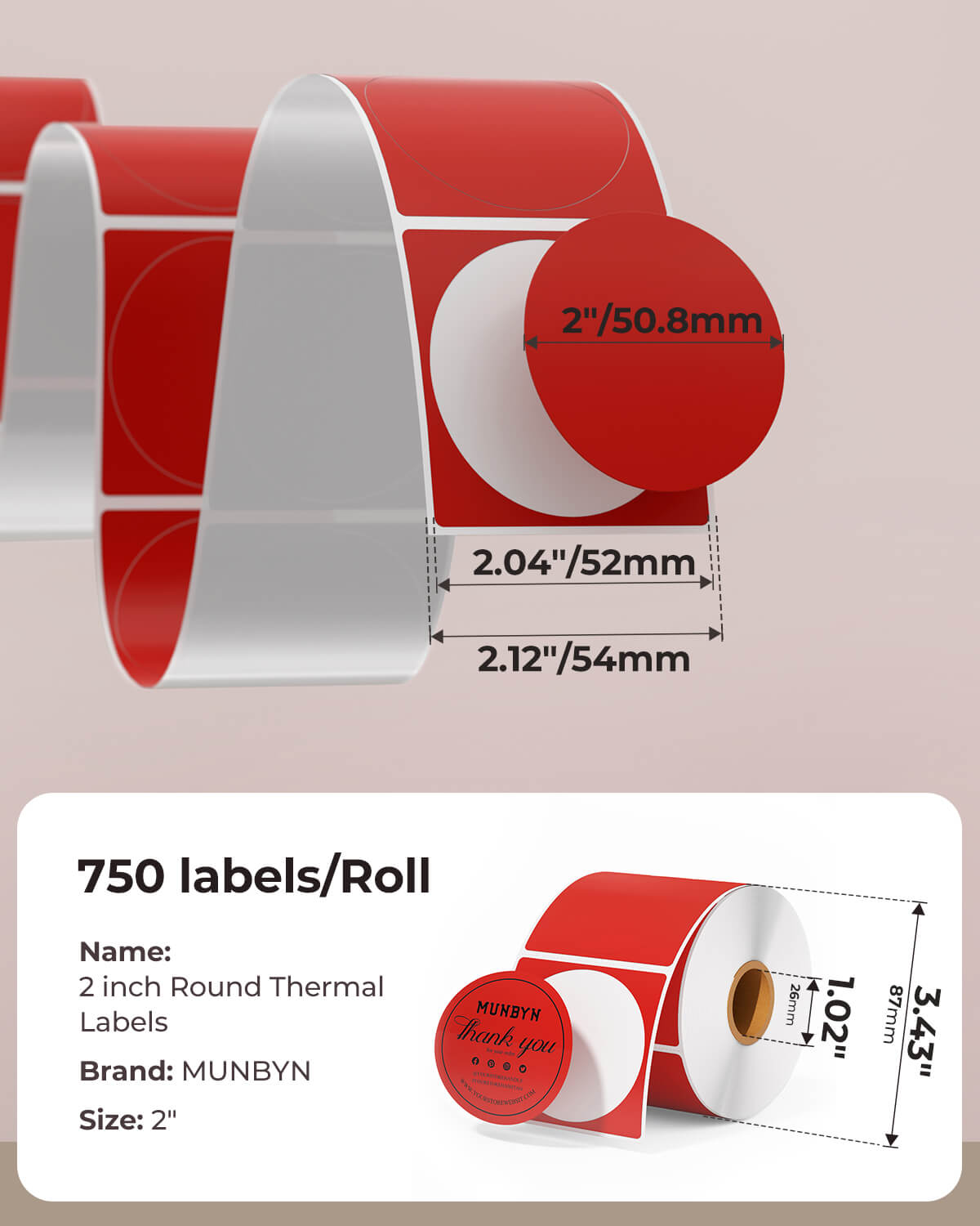 MUNBYN 2"x2" Generic Circle Series Thermal Labels (750/Roll)