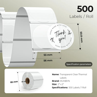 Clear 2-inch labels printed on MUNBYN label printer paper, showing neatly aligned labels ready for use.