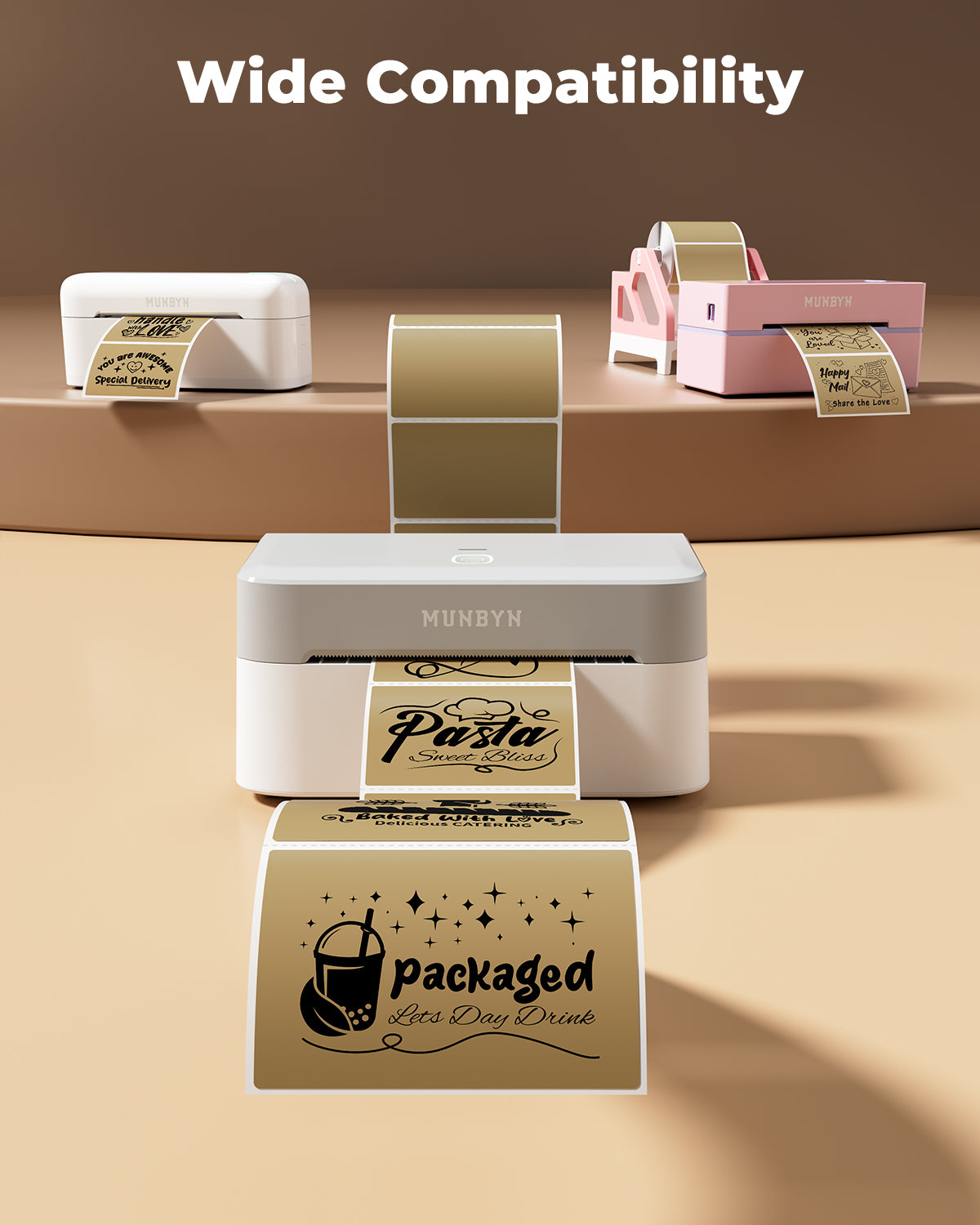 Close-up of 3x2 inch MUNBYN label printer paper labels, showing white adhesive labels on a roll for printing purposes.
