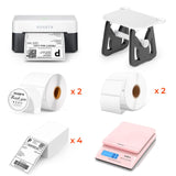 MUNBYN RealWriter 403B thermal label printer kit with printer, power cord, and accessories on a white background.