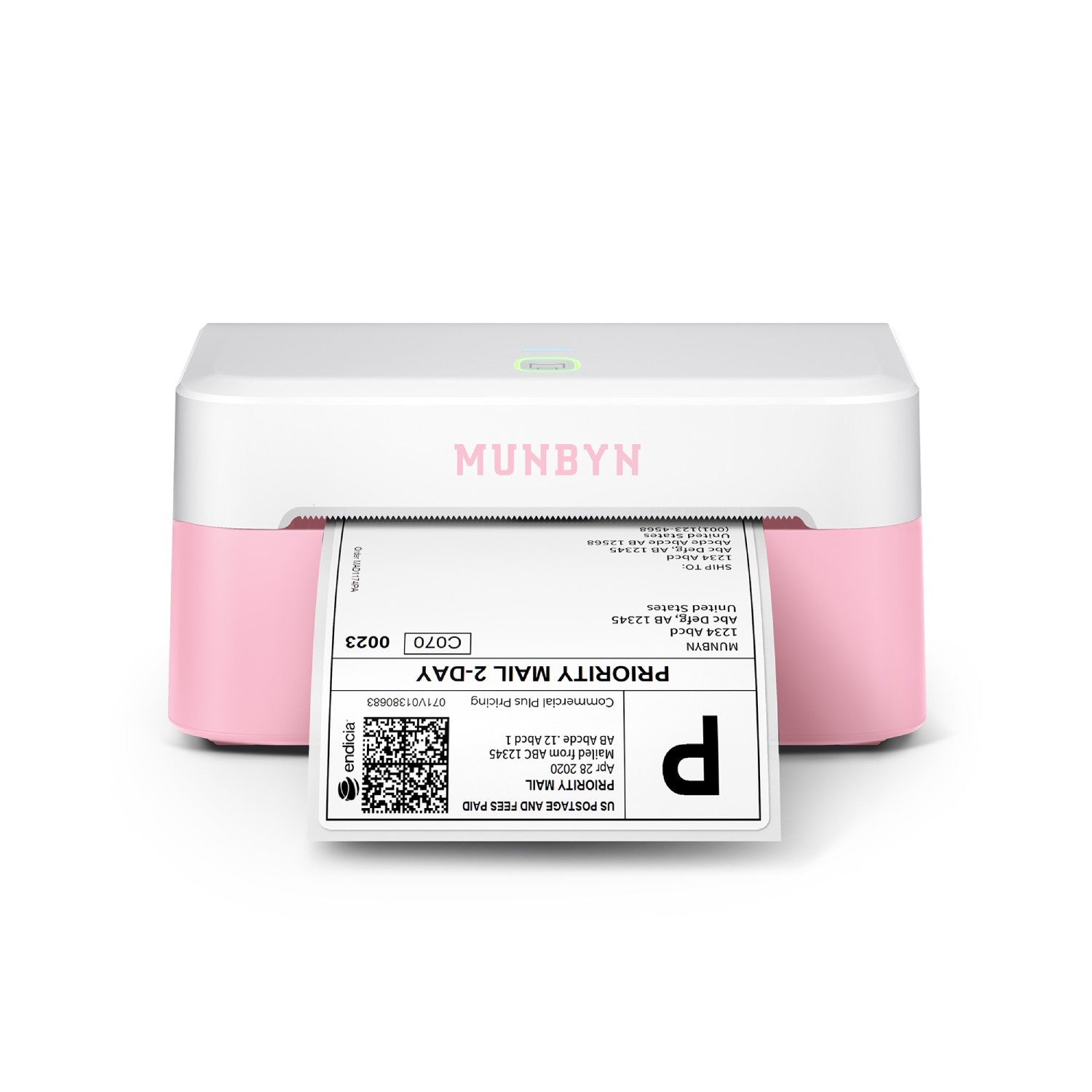 MUNBYN RealWriter 403B thermal label printer with pink design, compact office use, connected to a computer, printing labels.