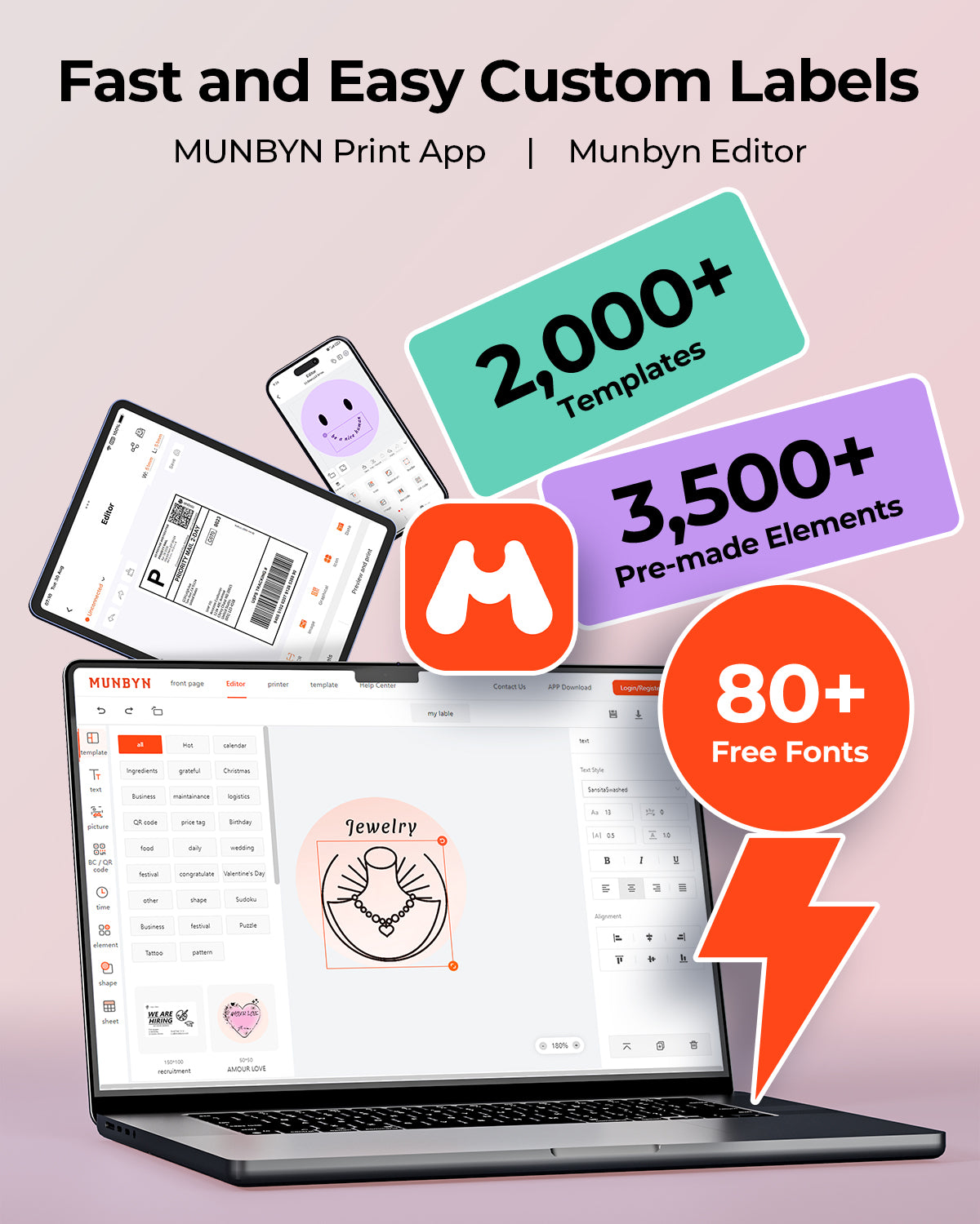 MUNBYN RealWriter 403B thermal label printer with pink finish, showing the compact device and printed label output.