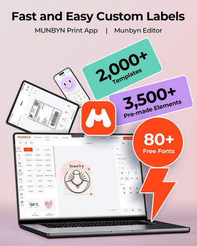 MUNBYN RealWriter 403B thermal label printer with pink finish, showing the compact device and printed label output.