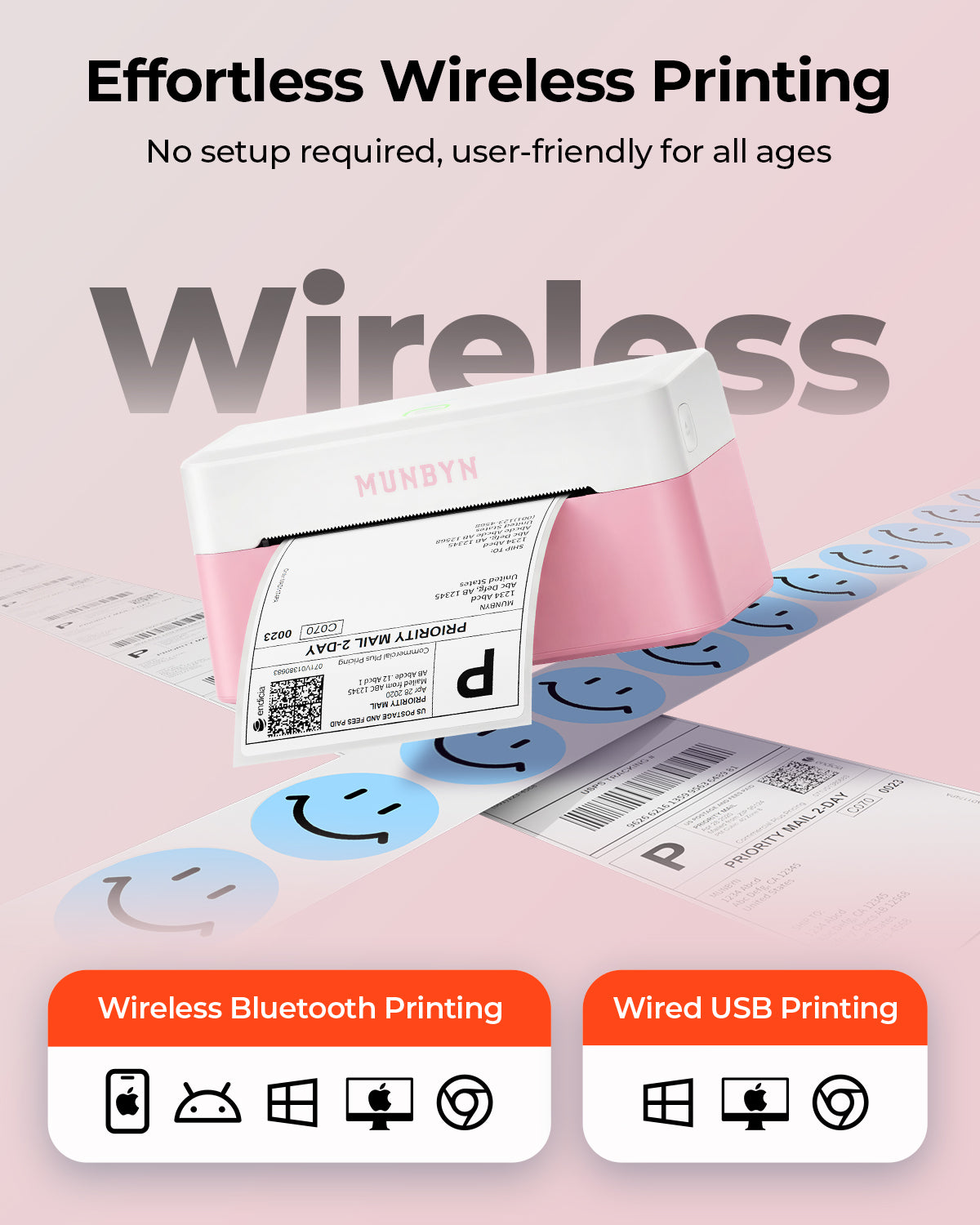 MUNBYN RealWriter 403B thermal label printer with pink exterior, compact design, and paper roll ready for printing labels.