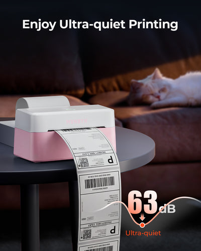 MUNBYN RealWriter 403B thermal label printer with pink design, compact thermal printer for shipping labels and receipts.