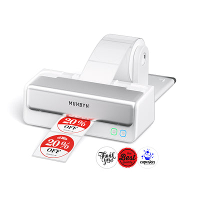 MUNBYN RealWriter 405B thermal label printer with white body, compact design, and connected with a thermal printing mechanism.