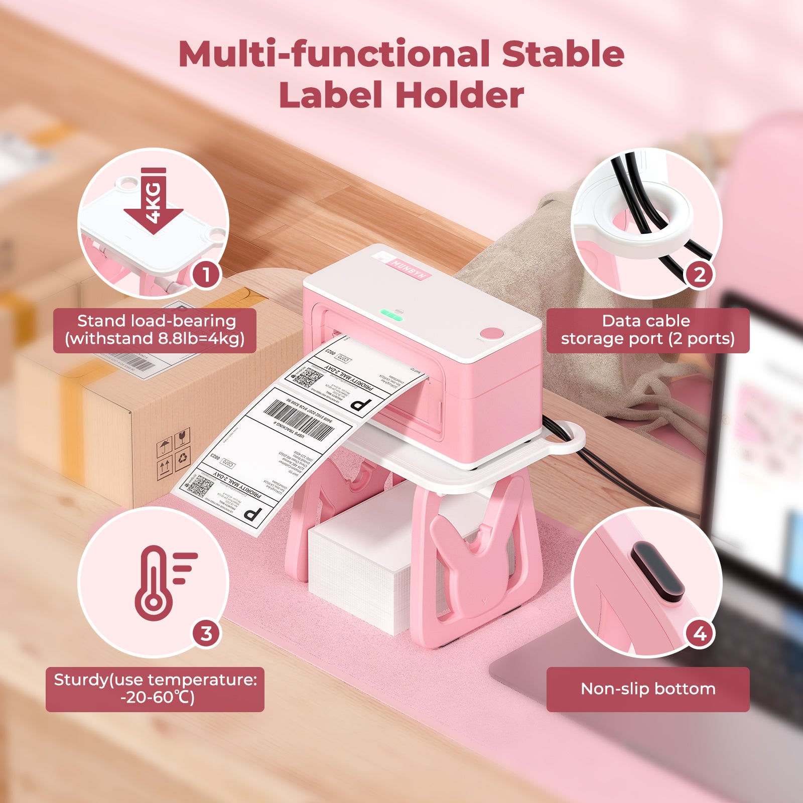 MUNBYN ILH02 Label Holder accessory for label printers, shown with its clear plastic design and adjustable features.