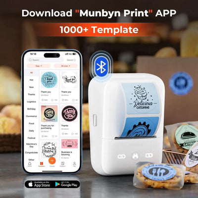 MUNBYN FM226 Bluetooth thermal label maker showing printed labels on a white background.