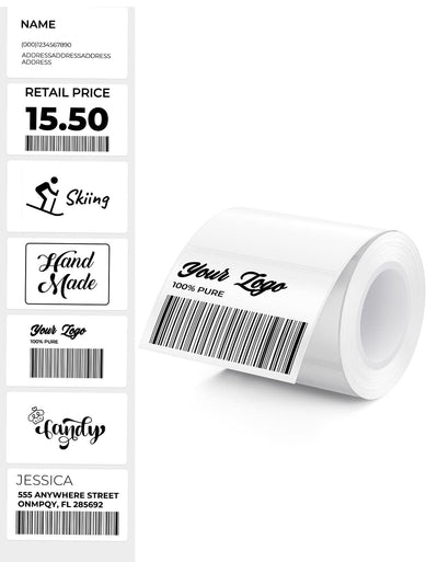 Rectangle label printer paper by MUNBYN, 1.97 x 1.18 inches, shown in a close-up image with multiple sheets stacked.